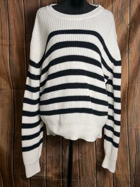 GAP Cream Black Striped Cotton Sweater Large Coastal Preppy Crewneck